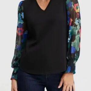 Chicos Black V Neck Sheer Floral Sleeve Size 1